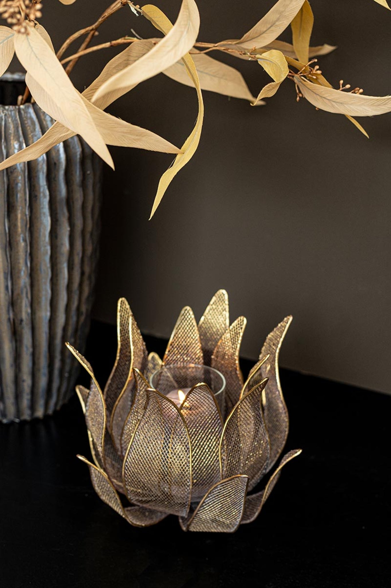 Milia Gold Iron Candleholder Flower Shape Round