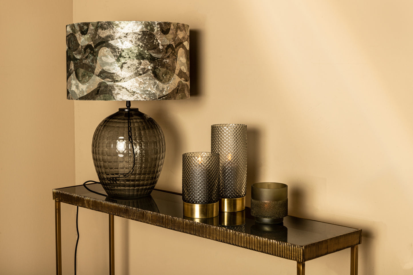 Mocca Green Fabric Wavy Stripes Lampshade Round M