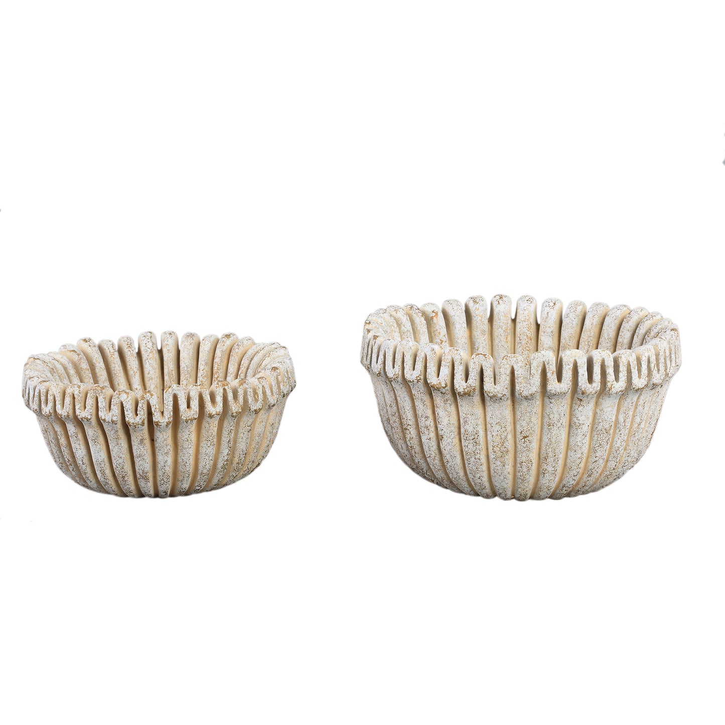 Raffay Crème Cement Pot Rond met Geribde Lijnen - Set van 2 Stuks 15x30x30 cm