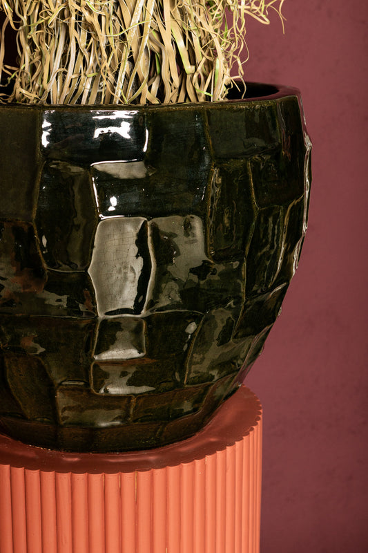 Bobi Green Ceramic Pot Round Square Pattern SV3