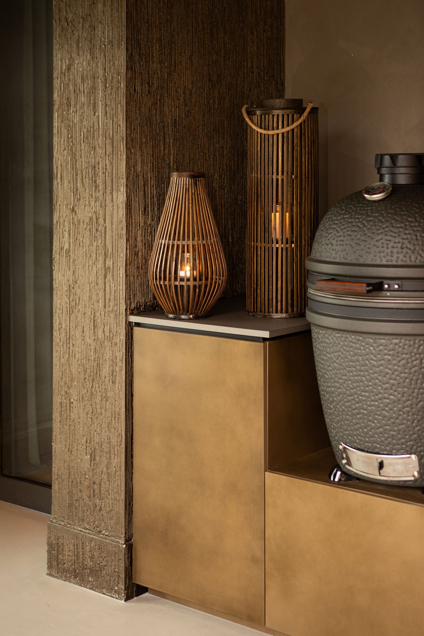 Zafria Brown Round Bamboo Lantern With Glass L