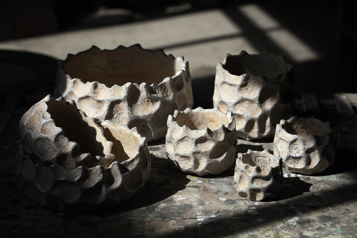 Nima Cream Cement Pot Dent Pattern Round Low L