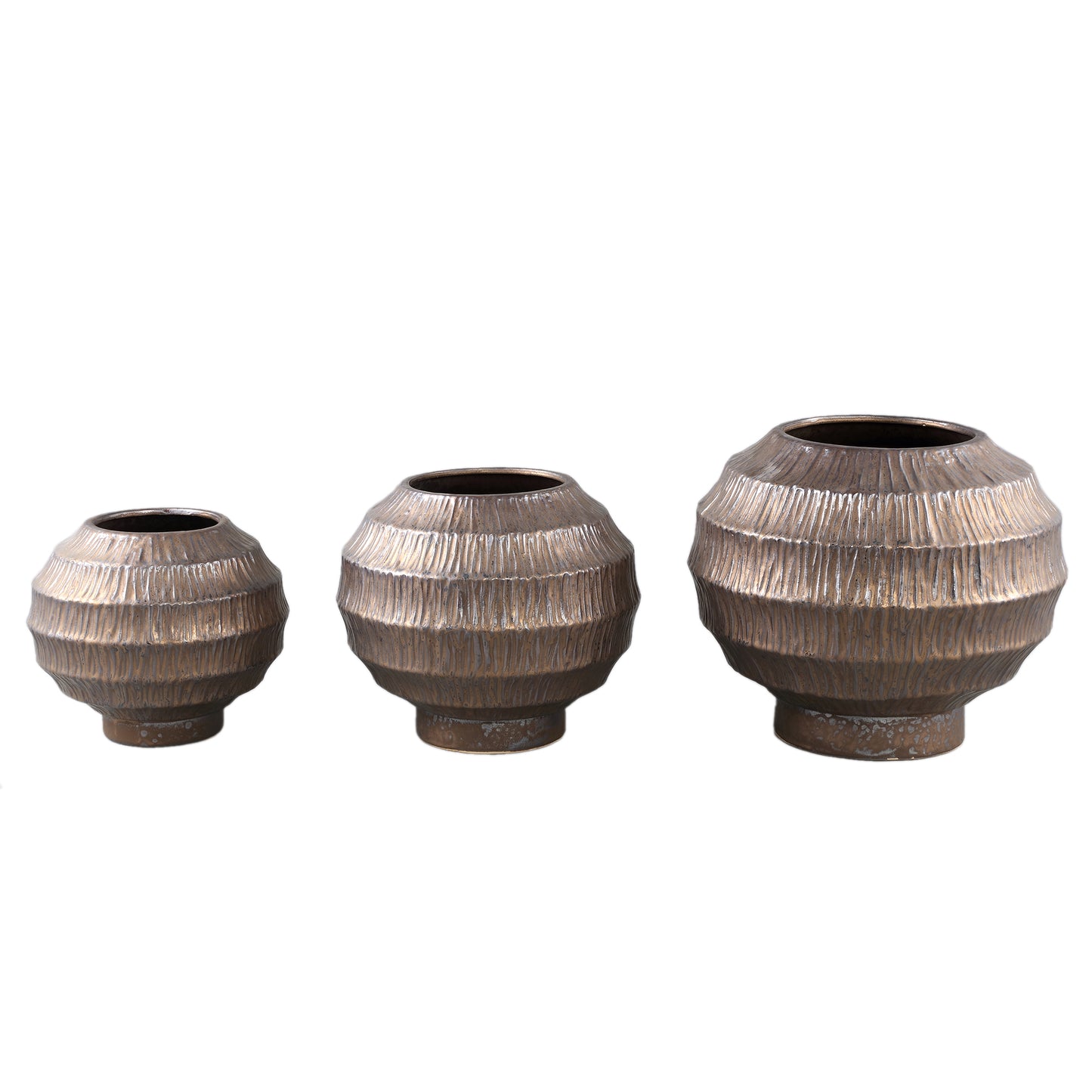 Cherith Brons Ronde Keramische Pot Geribbeld Set van 4 21x23.5x23.5 cm