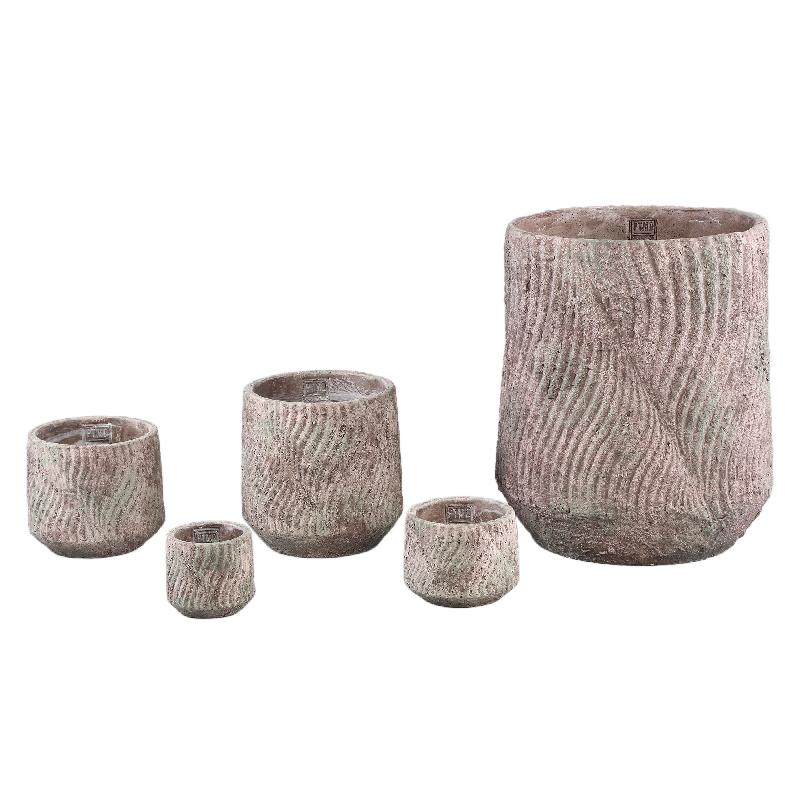 Diesel Grijze Ronde Cement Pot Golflijnen Ruw Set van 12 Stuks 8x9x9 cm