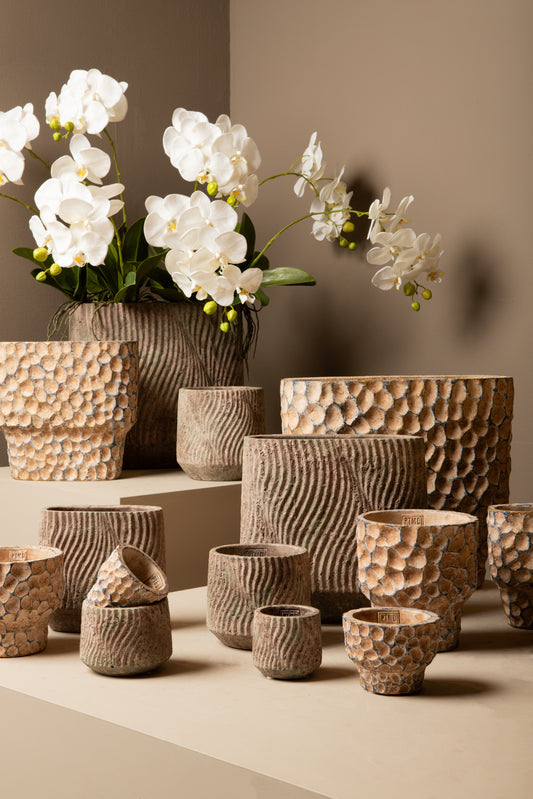 Diesel Grey Oval Cement Pot Wavy Lines Rough M