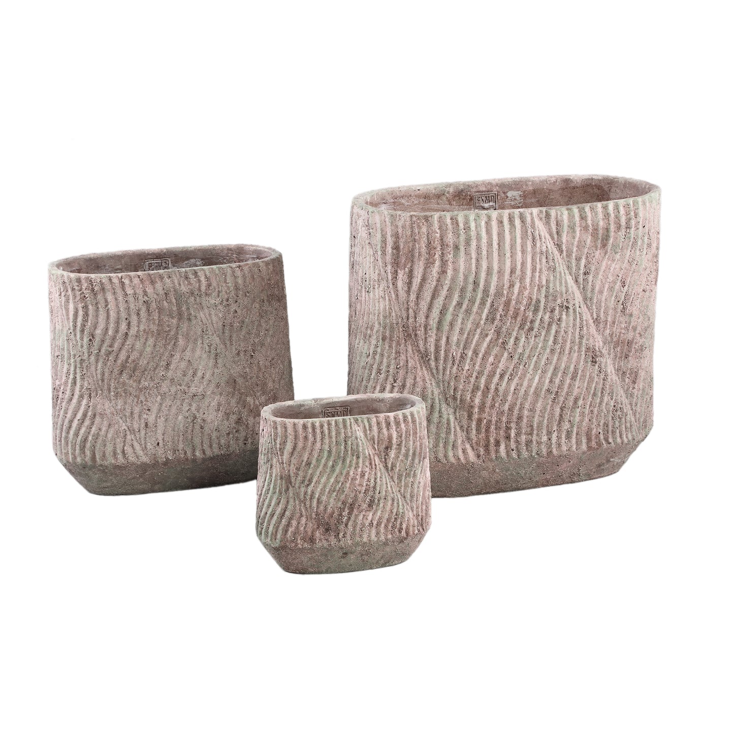 Diesel Grijze Ovale Cementpot Met Golflijnen Ruw L 36x40x20 cm