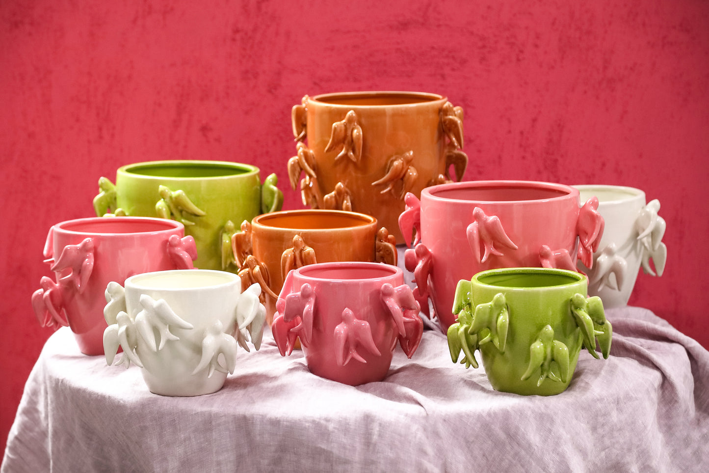 Emmelyn Pink Round Ceramic Glazed Pot Birds M