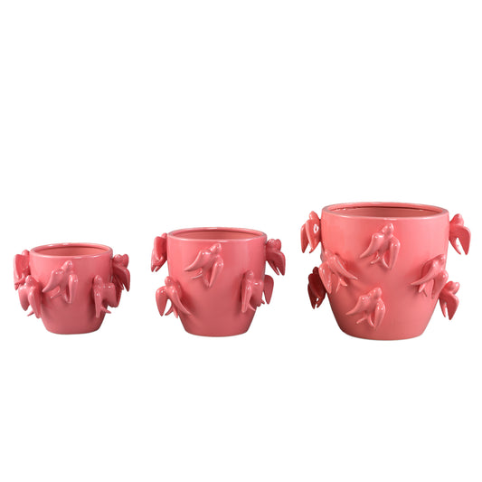 Emmelyn Pink Round Ceramic Glazed Pot Birds L