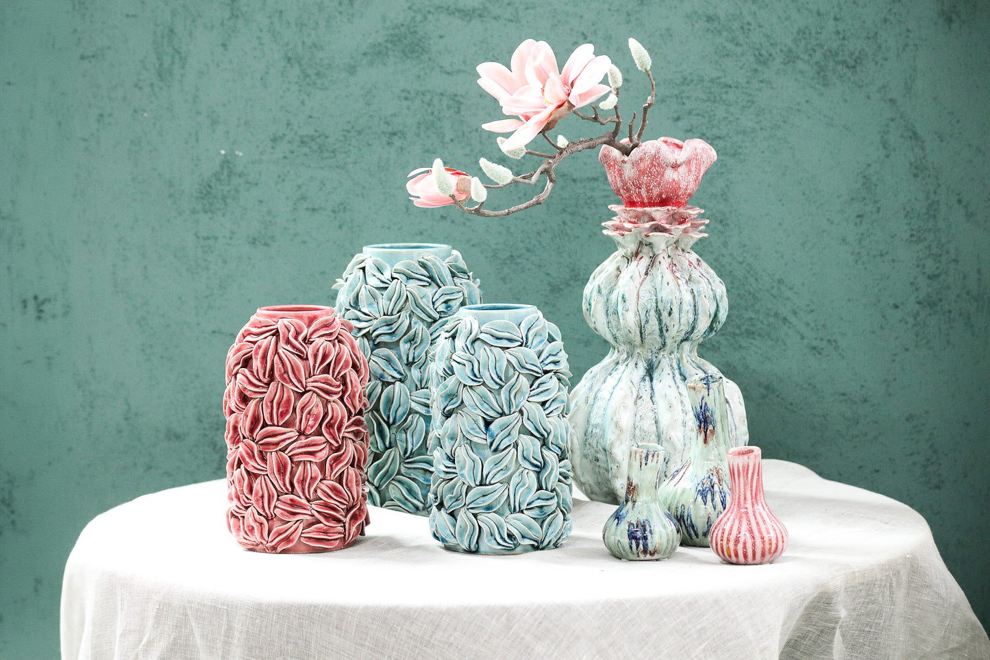 Zubeda Blue Round Glazed Ceramic Pot With Leaves L