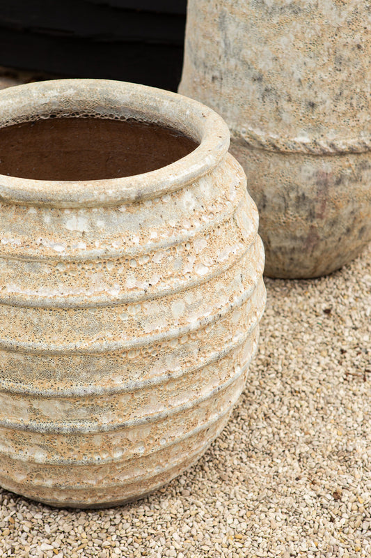 Maeghan White Round Ceramic Pot Lines Rough Finish