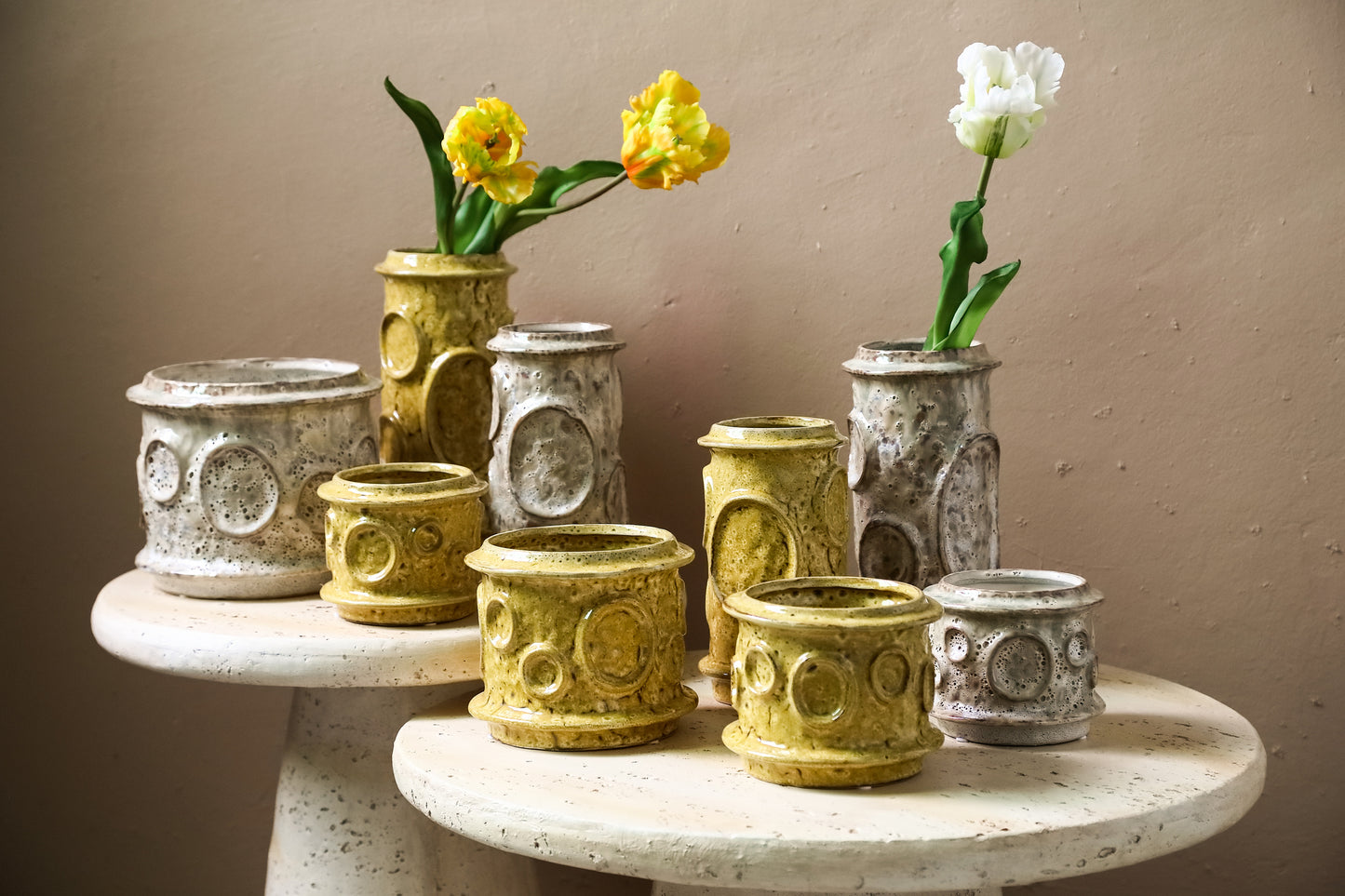 Gregorie Cream Ceramic Round Pot Circles Low L