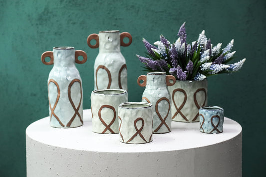 Freiah Cream Ceramic Round Pot Brown Motive High M