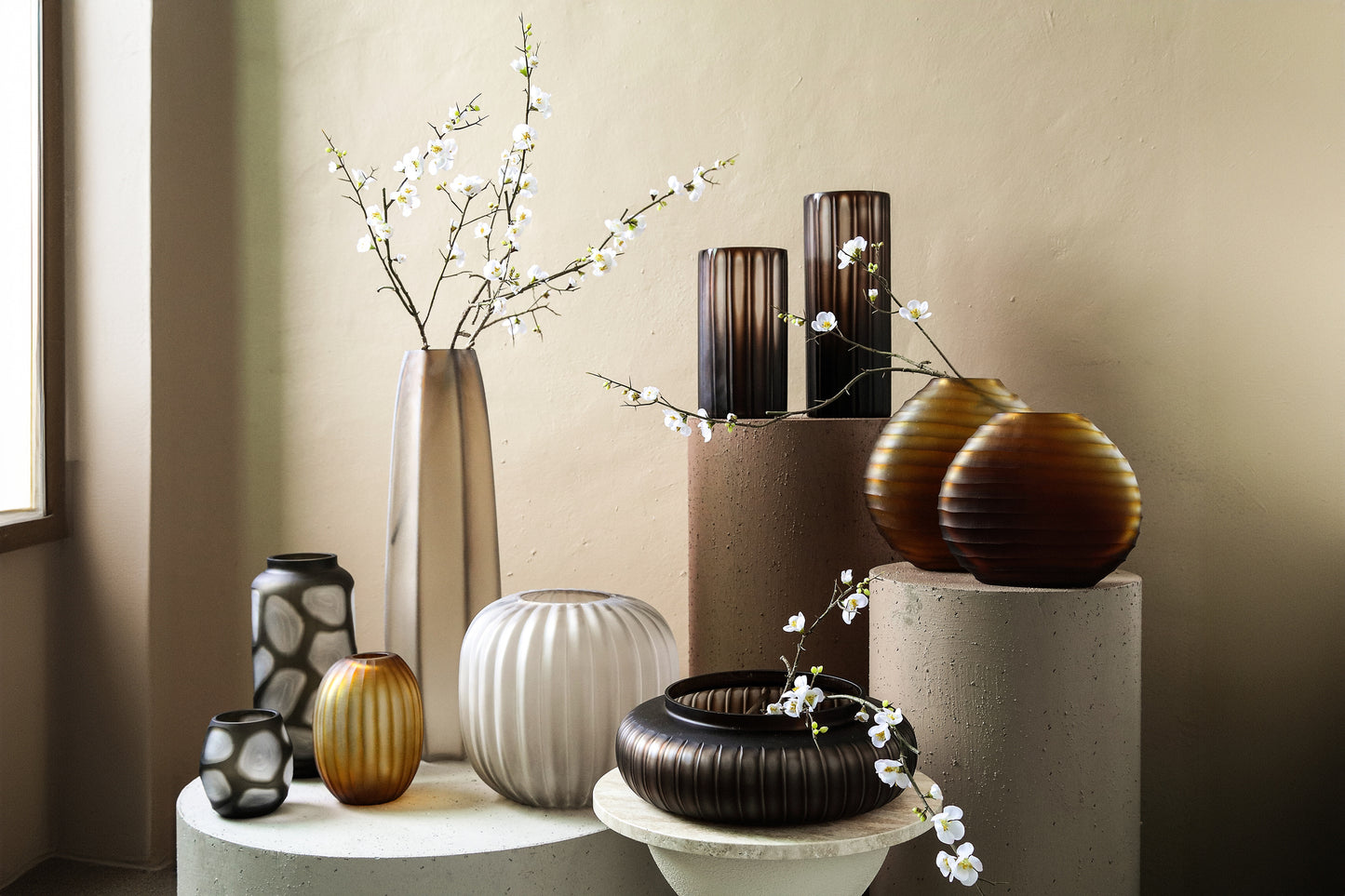 Levente Sand Carved Glass Round Vase Ribbed Low