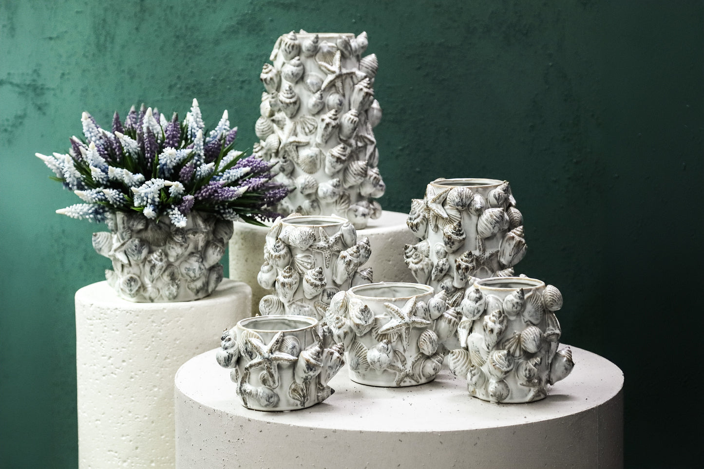 Prince Cream Ceramic Pot 3D Seashells Round Low M