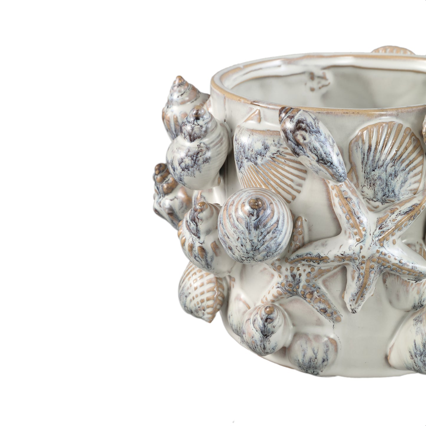 Prince Cream Ceramic Pot 3D Seashells Round Low L