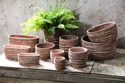 Einnas Brown Round Cement Pot Ribbed Low L