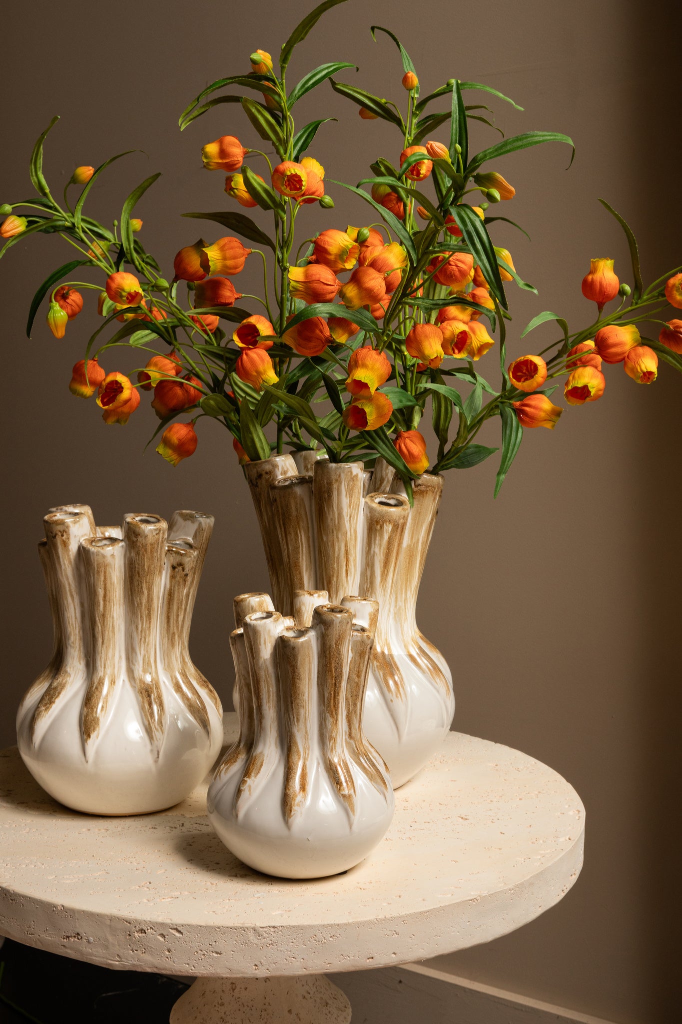 Manali Cream Ceramic Round Vase Colored Tubes M