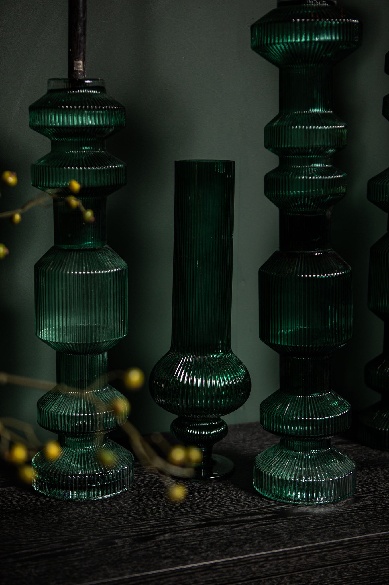 Keala Dark Green Round Ribbed Glass Vase On Base S
