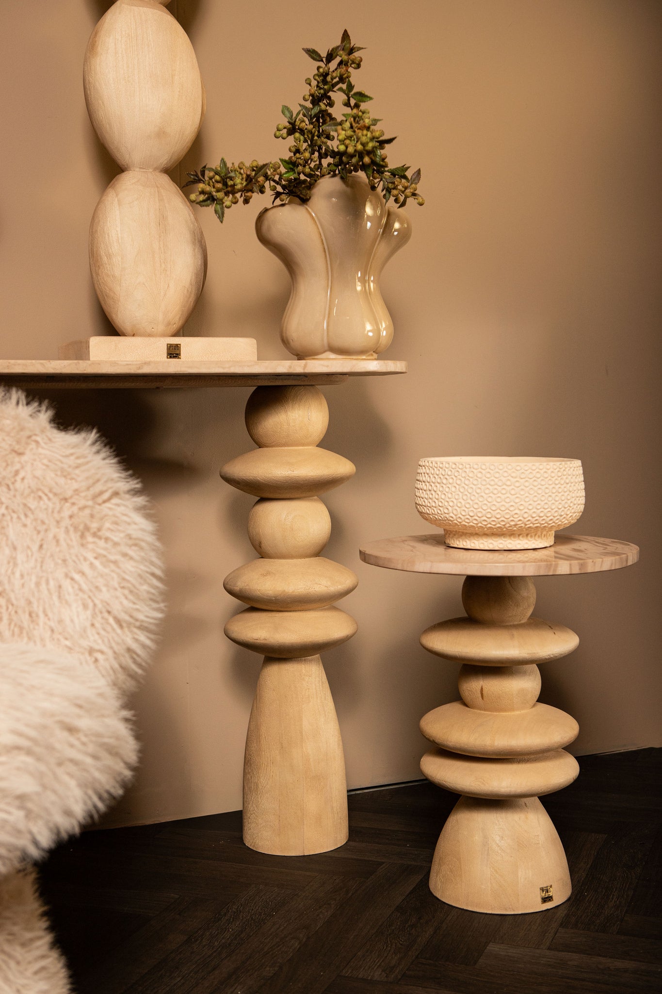 Callain Natural Mango Wood Side Table Marble Rnd S