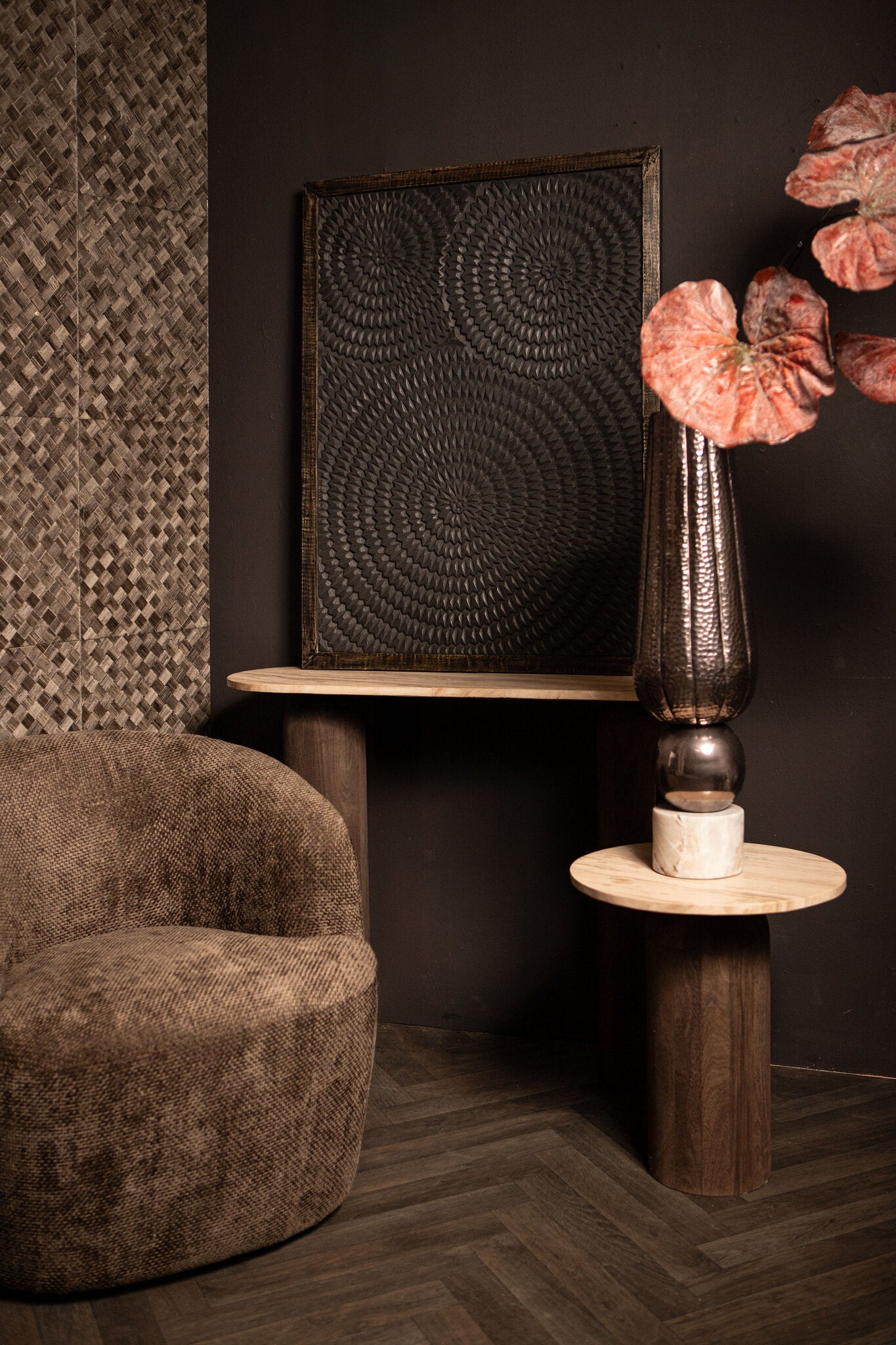 Levya Zwart Houten Rechthoekig Wandpaneel Rond Patroon 105x78x3 cm