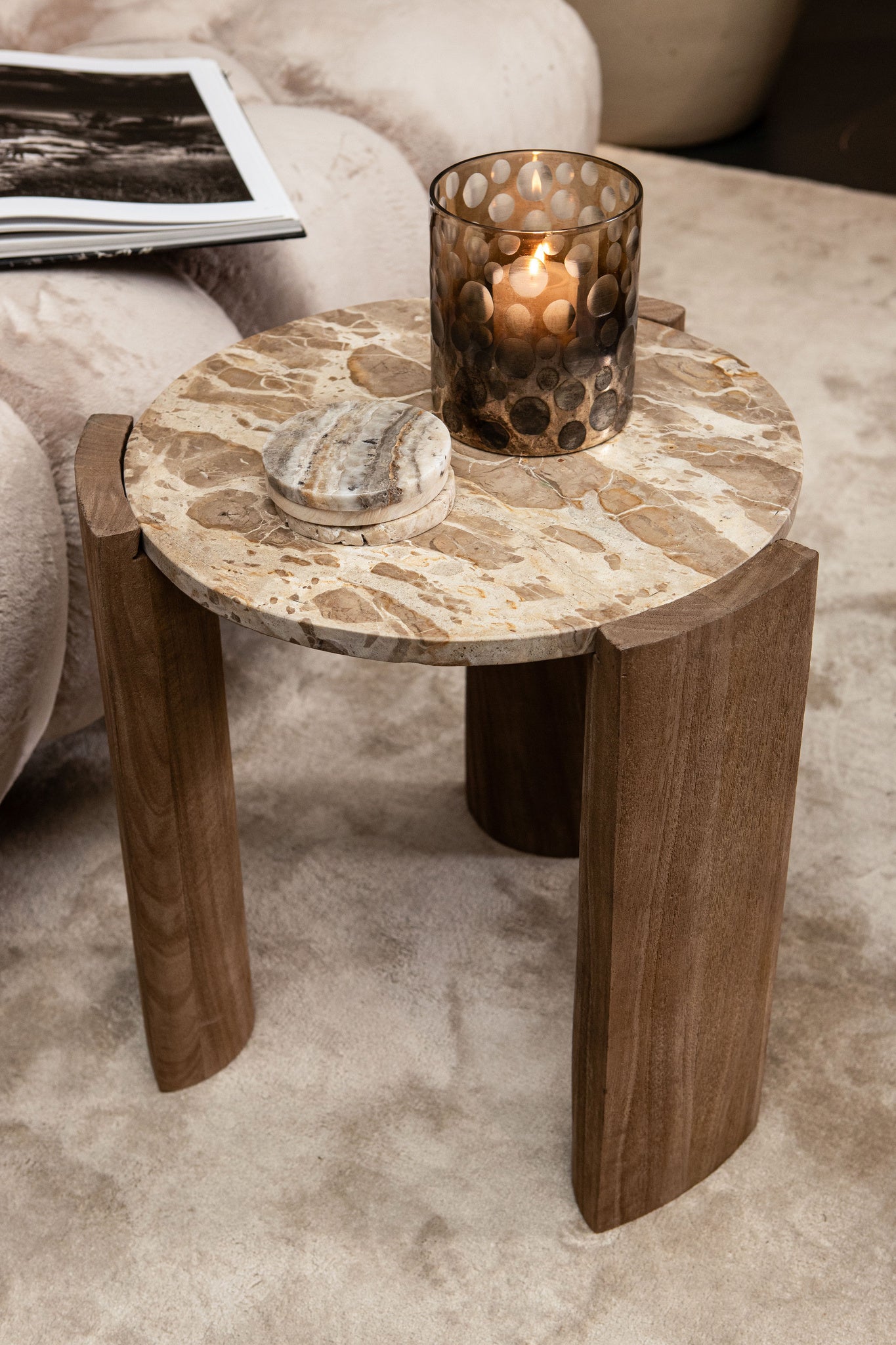 Javina Natuurlijke Marmeren Koffietafel Mangohouten Onderstel S 45x52x52 cm