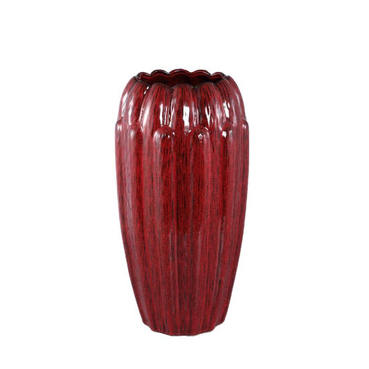 Bentz Rode Keramische Pot Met Diepe Ribbels Rond Hoog S 55x30x30 cm