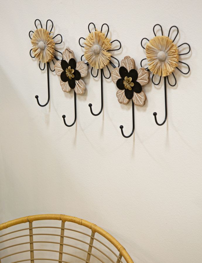 Wandhanger Bloemen Ijzer, MDF En Raffia 30.5x61x5.5 cm