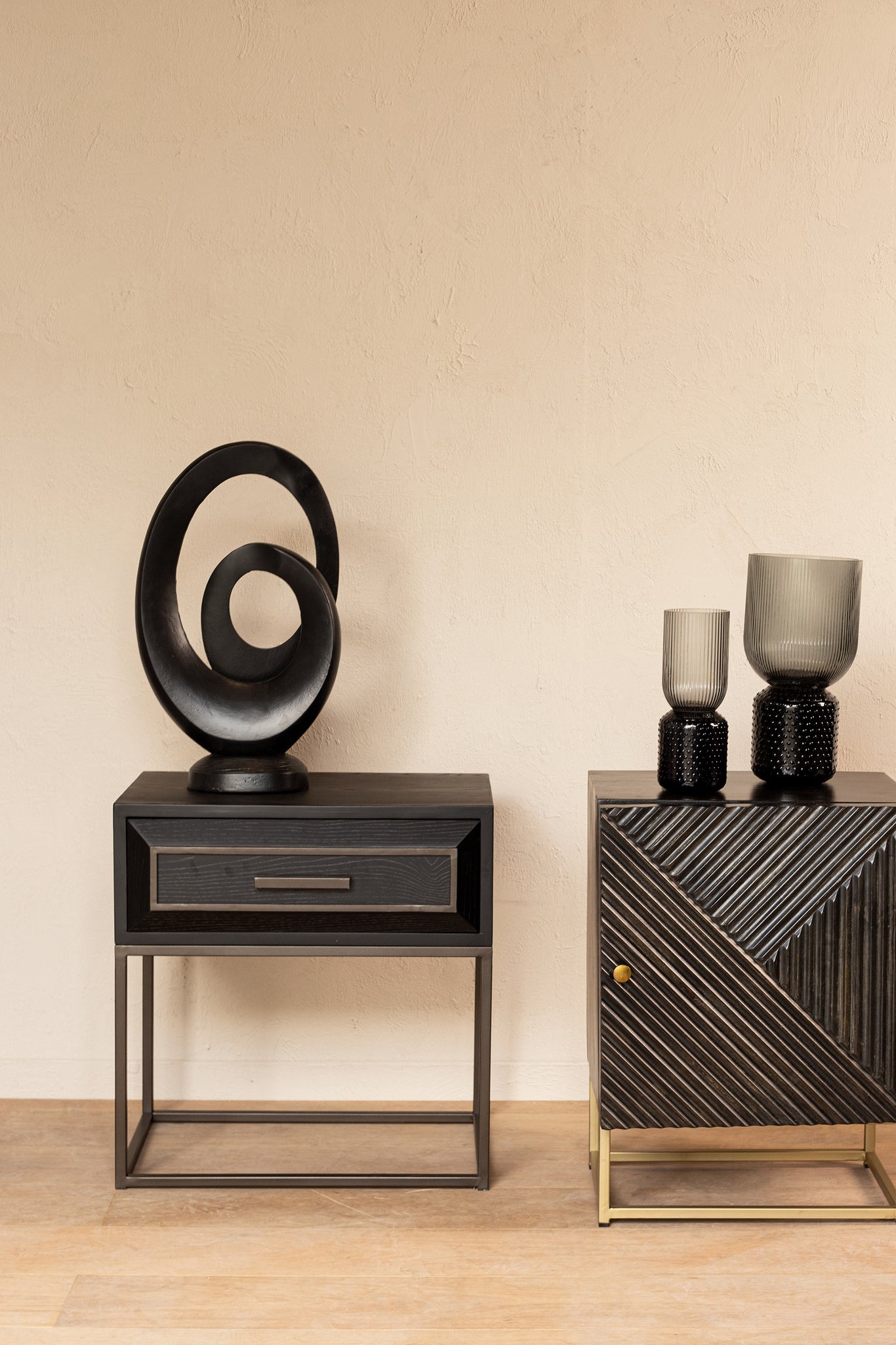 Lixly Black Wood Iron Frame Bedside Cabinet