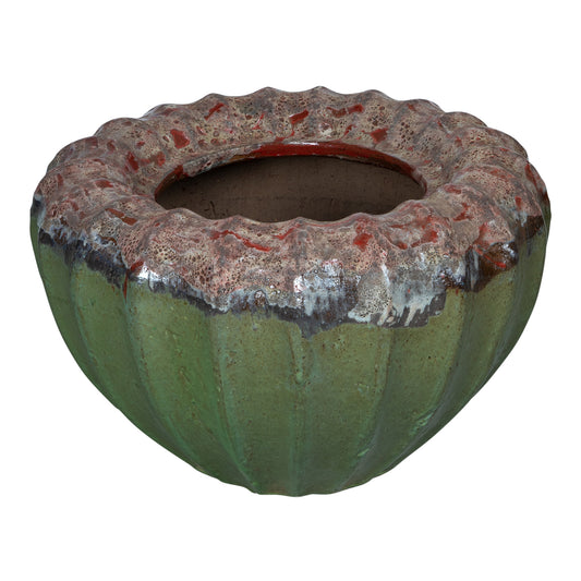 Jinah Green Ceramic Pot Organic Ribbed Round L