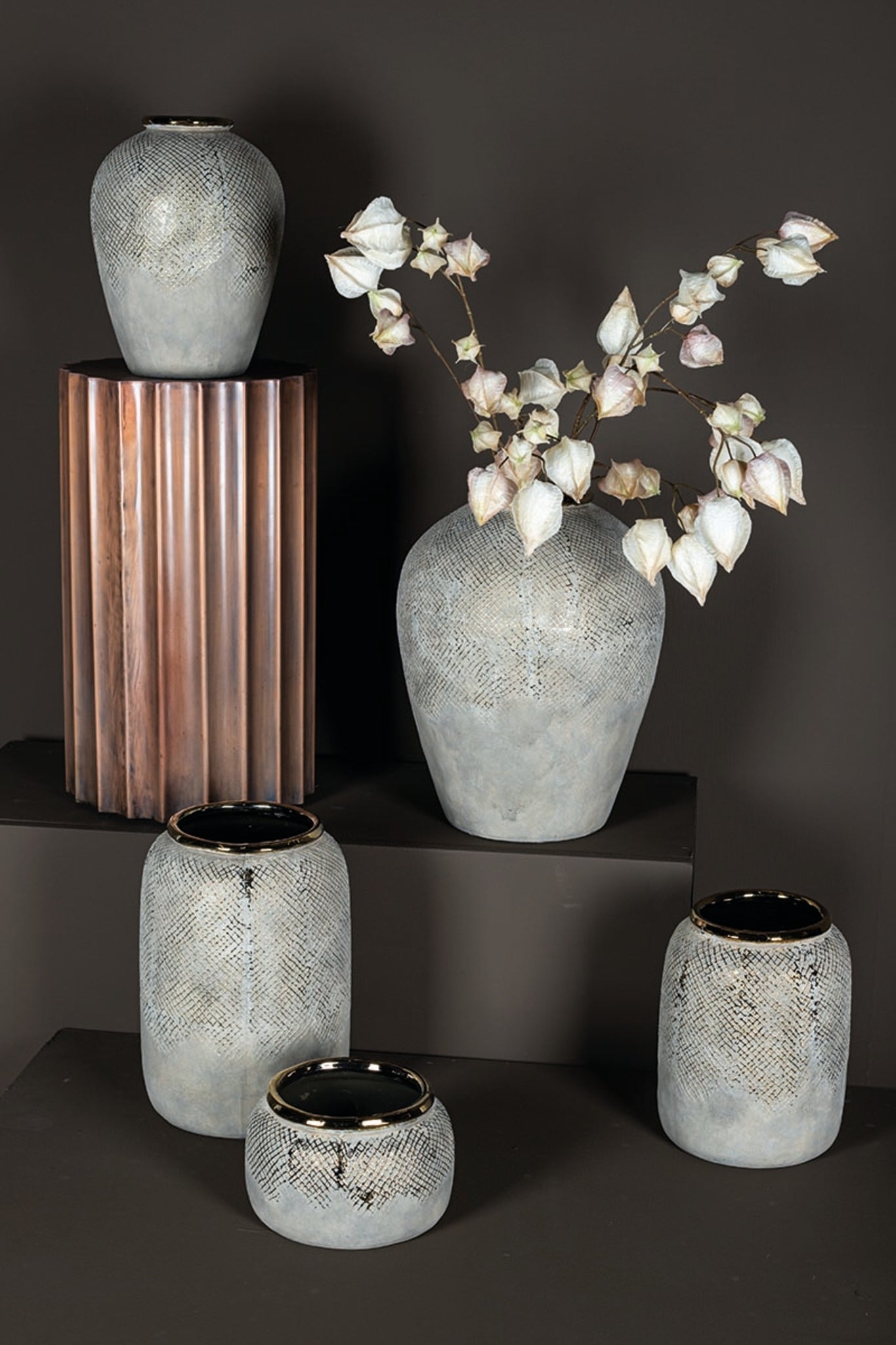 Astleigh Gold Ceramic Pot Ribbed Round High S