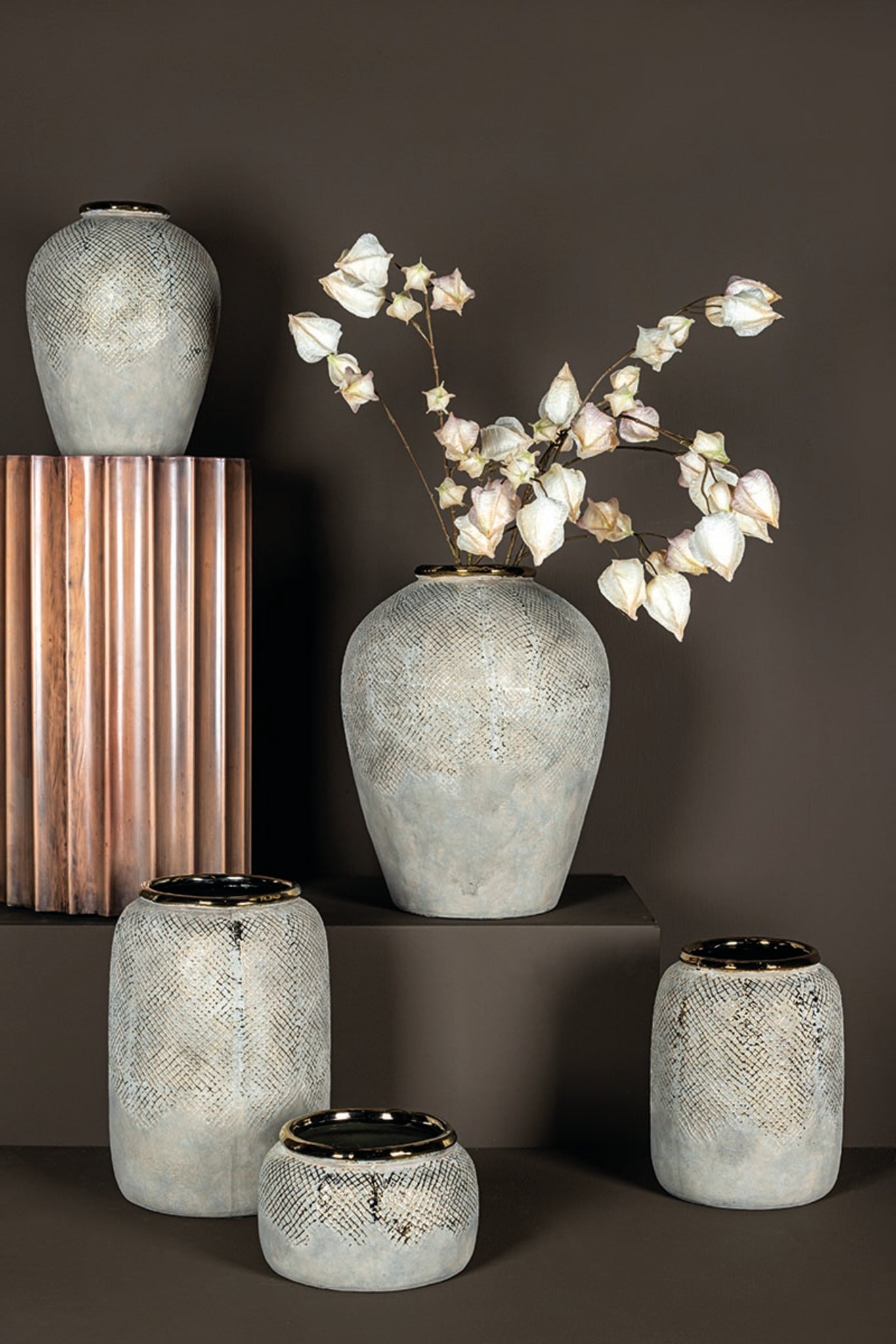 Astleigh Gold Ceramic Pot Ribbed Round High S