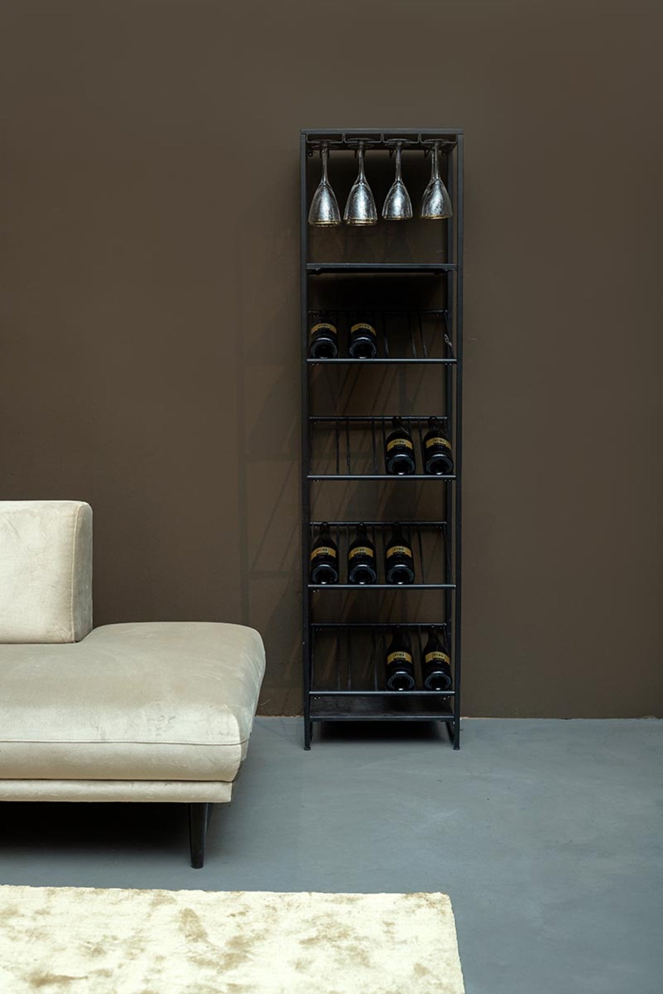 Zalig Black Iron Winerack Glasses And Bottles Rect