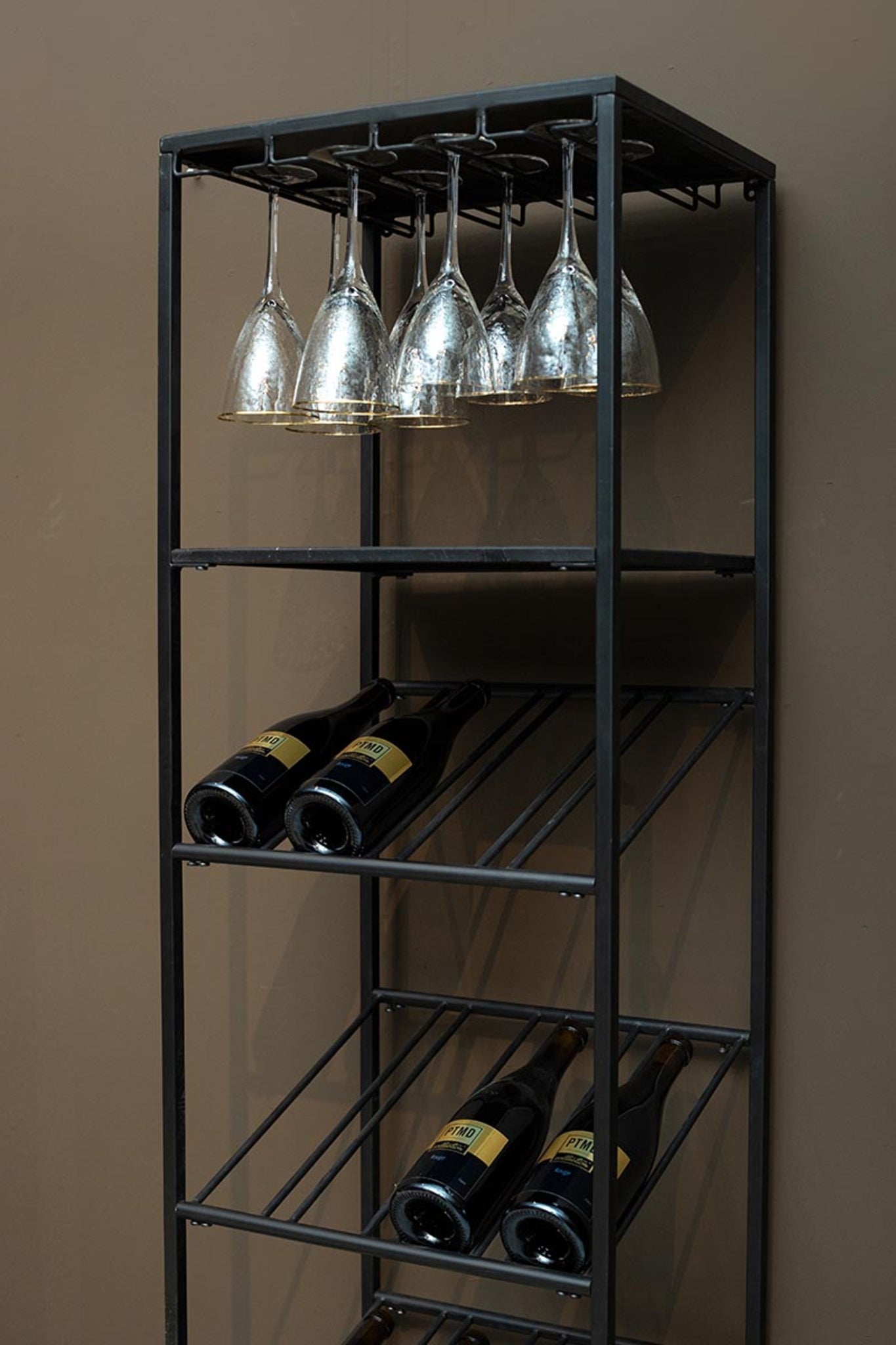 Zalig Black Iron Winerack Glasses And Bottles Rect