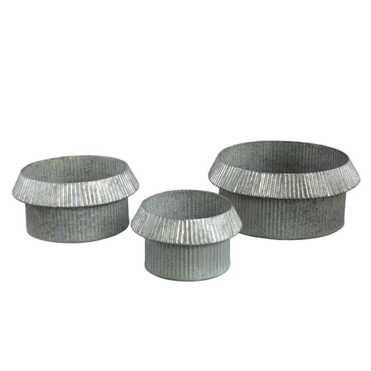 Vooda Grey Zinc Ribbed Low Pot Round Set Of 3