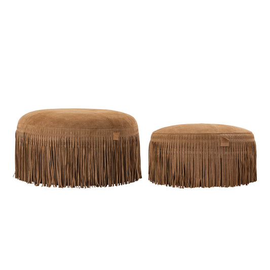 Eleora Camel Suede Leather Pouf Fringes Round S