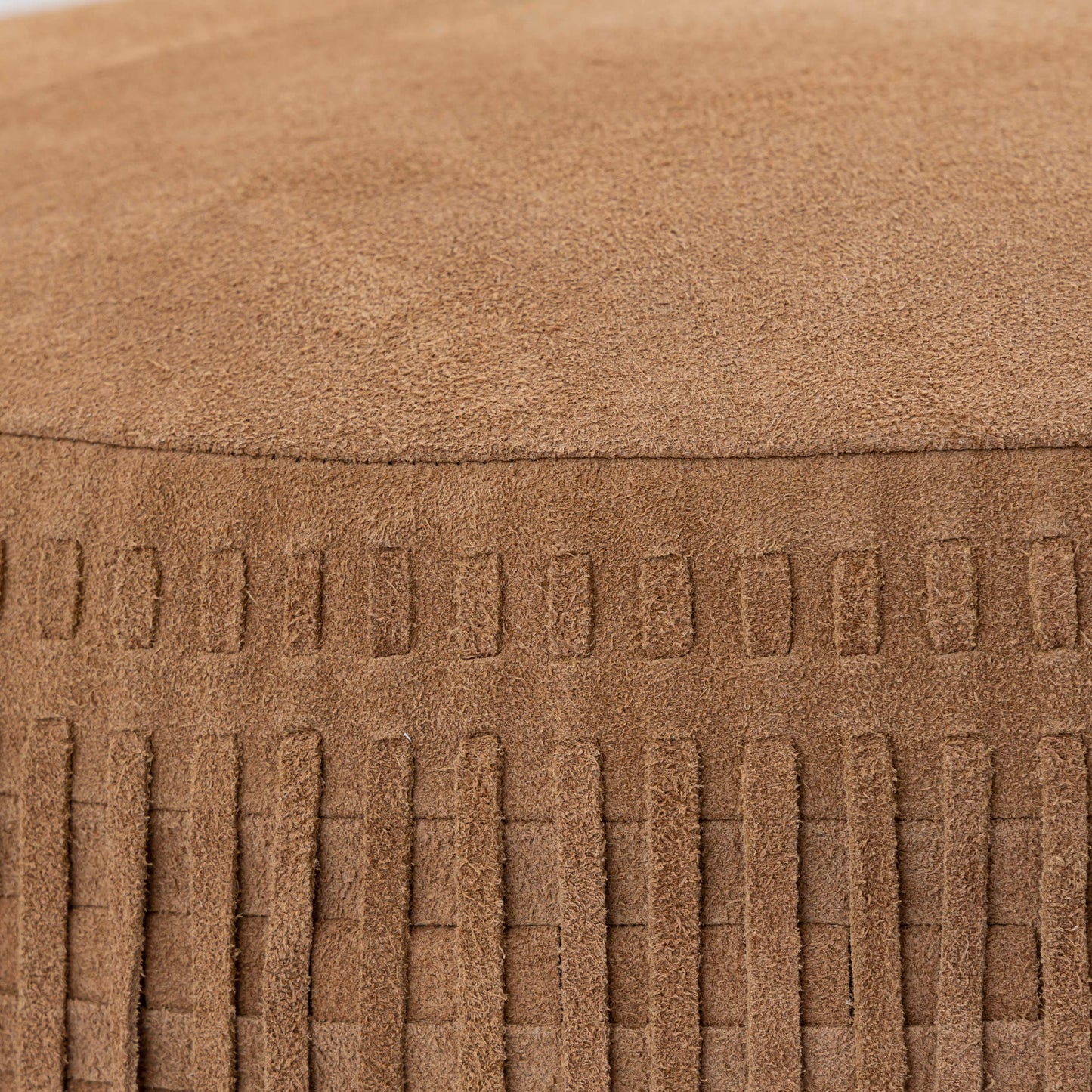 Eleora Camel Suede Leather Pouf Fringes Round S