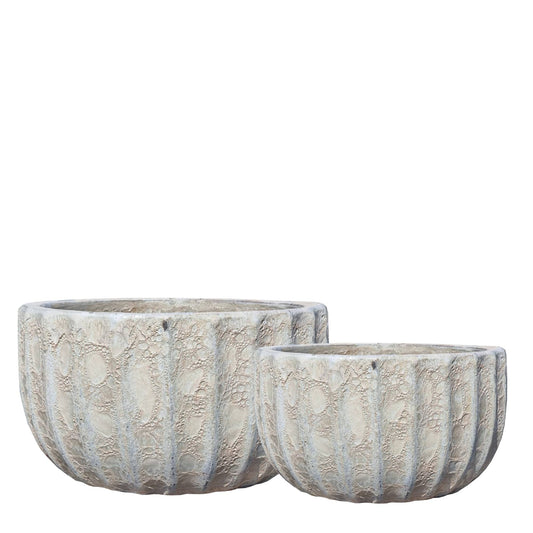Javier Grey Ceramic Pot Ribbed Round Set Of 2