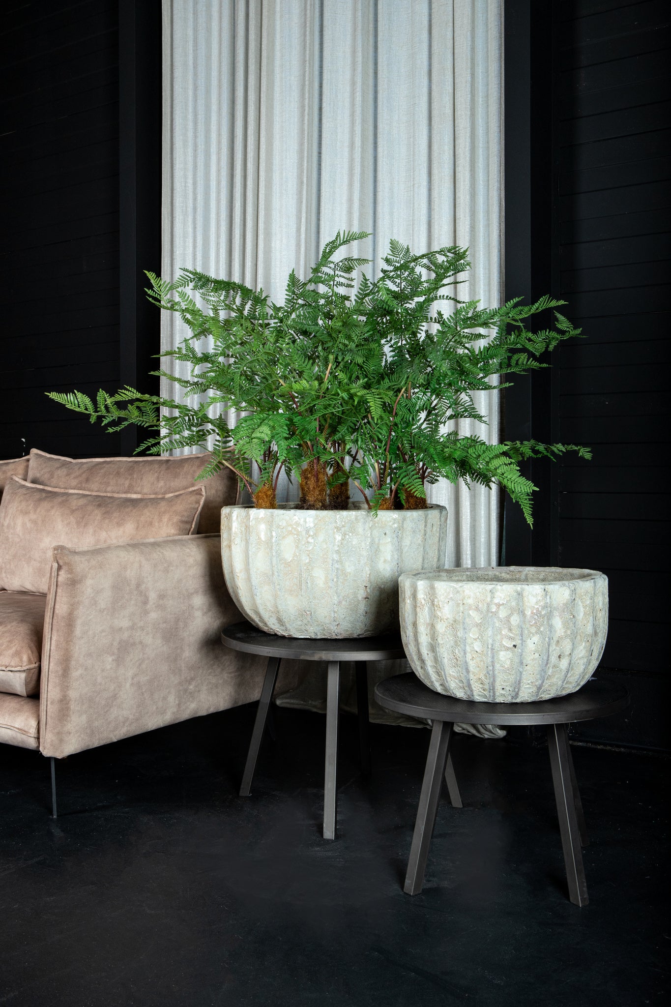 Javier Grey Ceramic Pot Ribbed Round Set Of 2