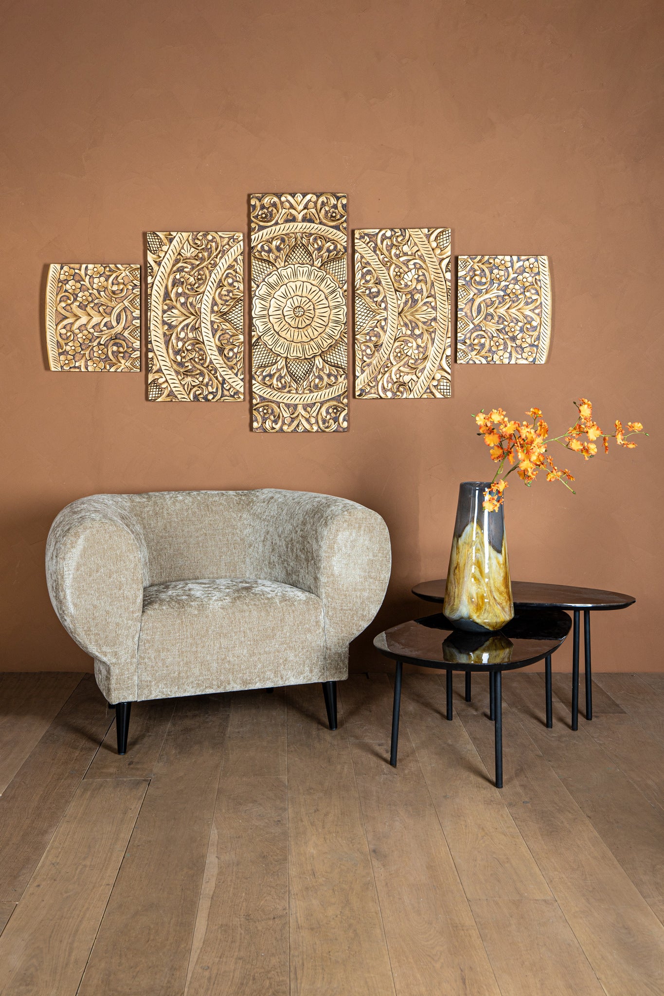 Sharlene Gold MDF Antique Carved Wallpanel 5 Pcs