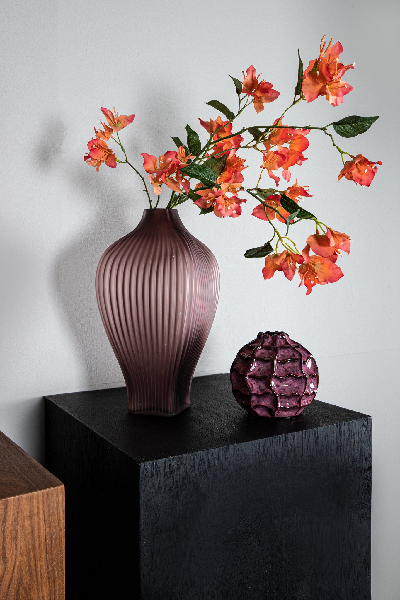 Halde Purple Solid Glass Vase Ribbed Organic Wide