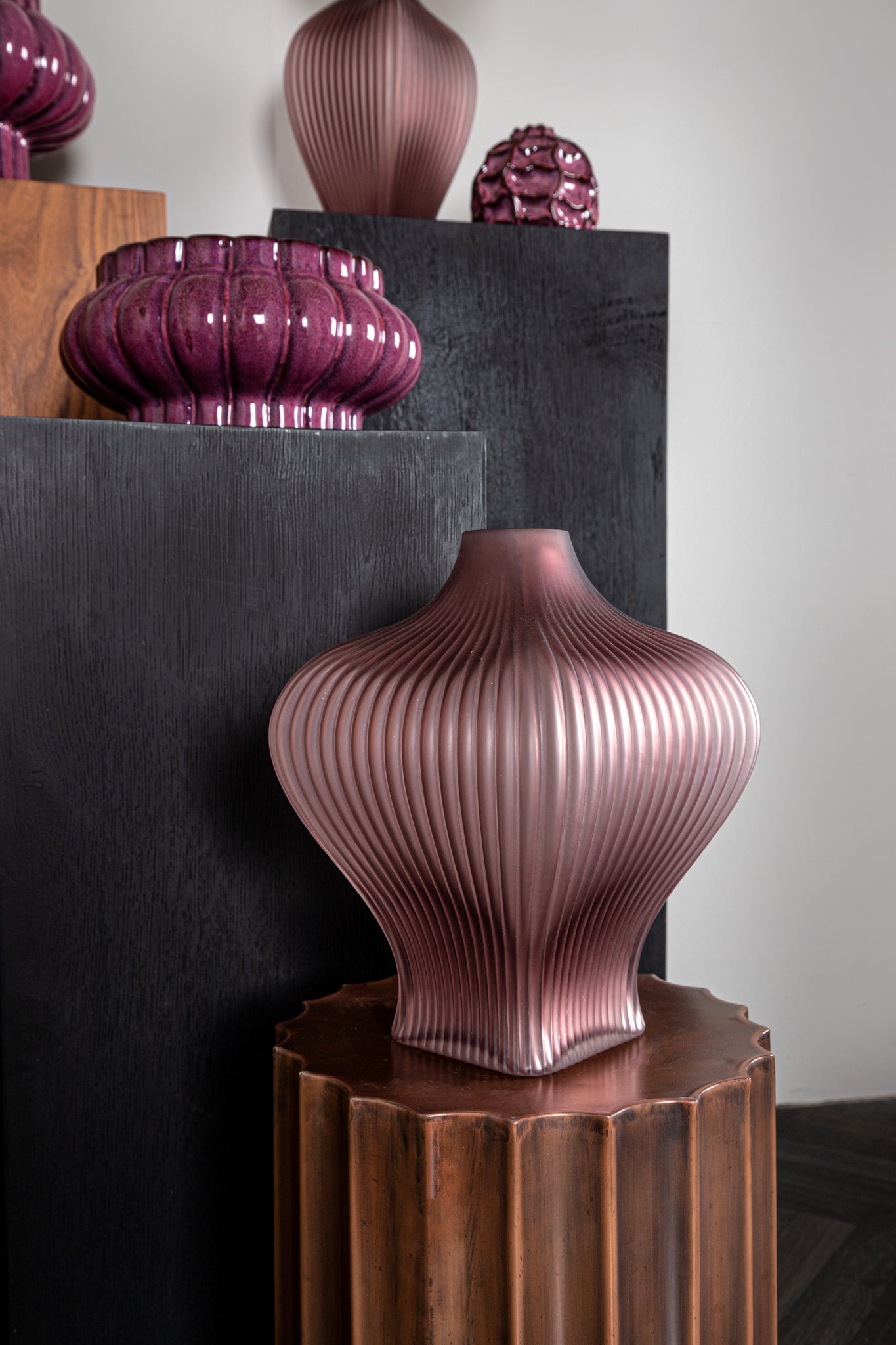 Halde Purple Solid Glass Vase Ribbed Organic Wide