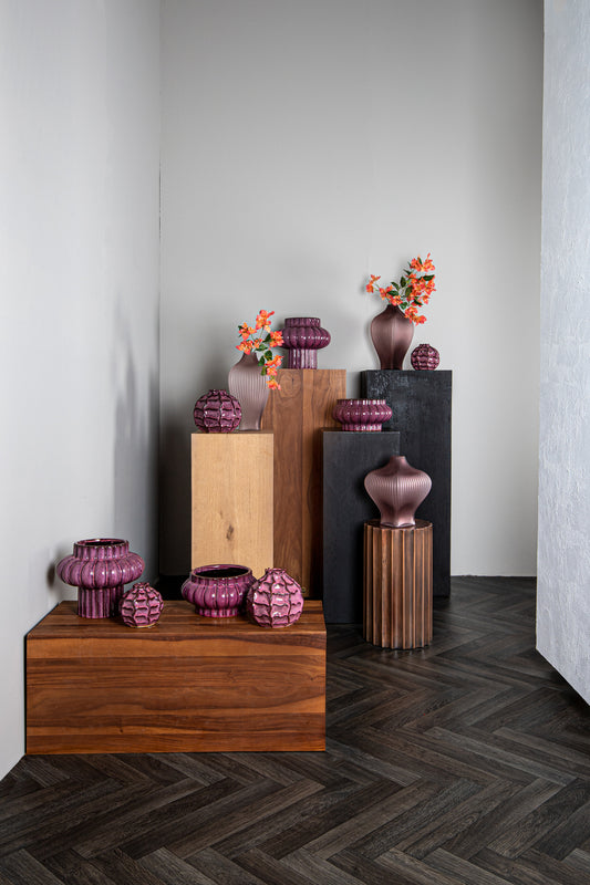 Halde Purple Solid Glass Vase Ribbed Organic High