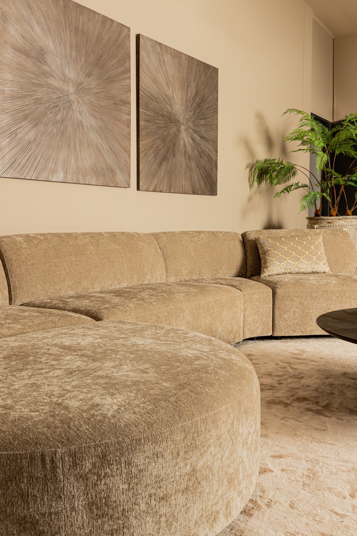 Lujo Sofa Cream Fiore Fabric Longchair Pouf