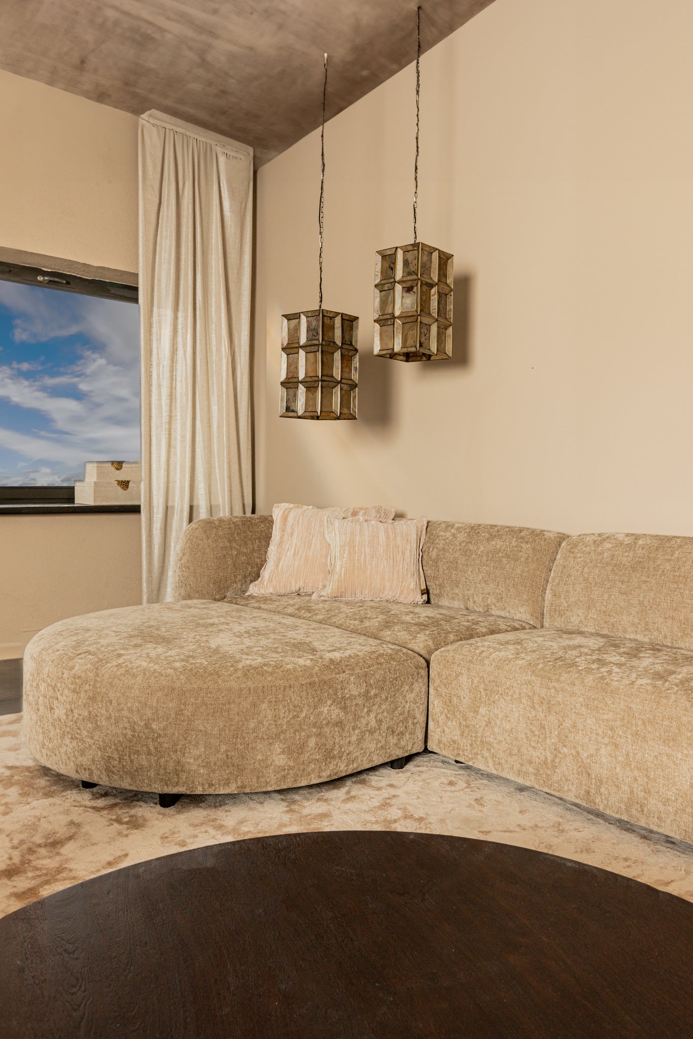 Lujo Sofa Anthracite Fiore Fabric Longchair Pouf