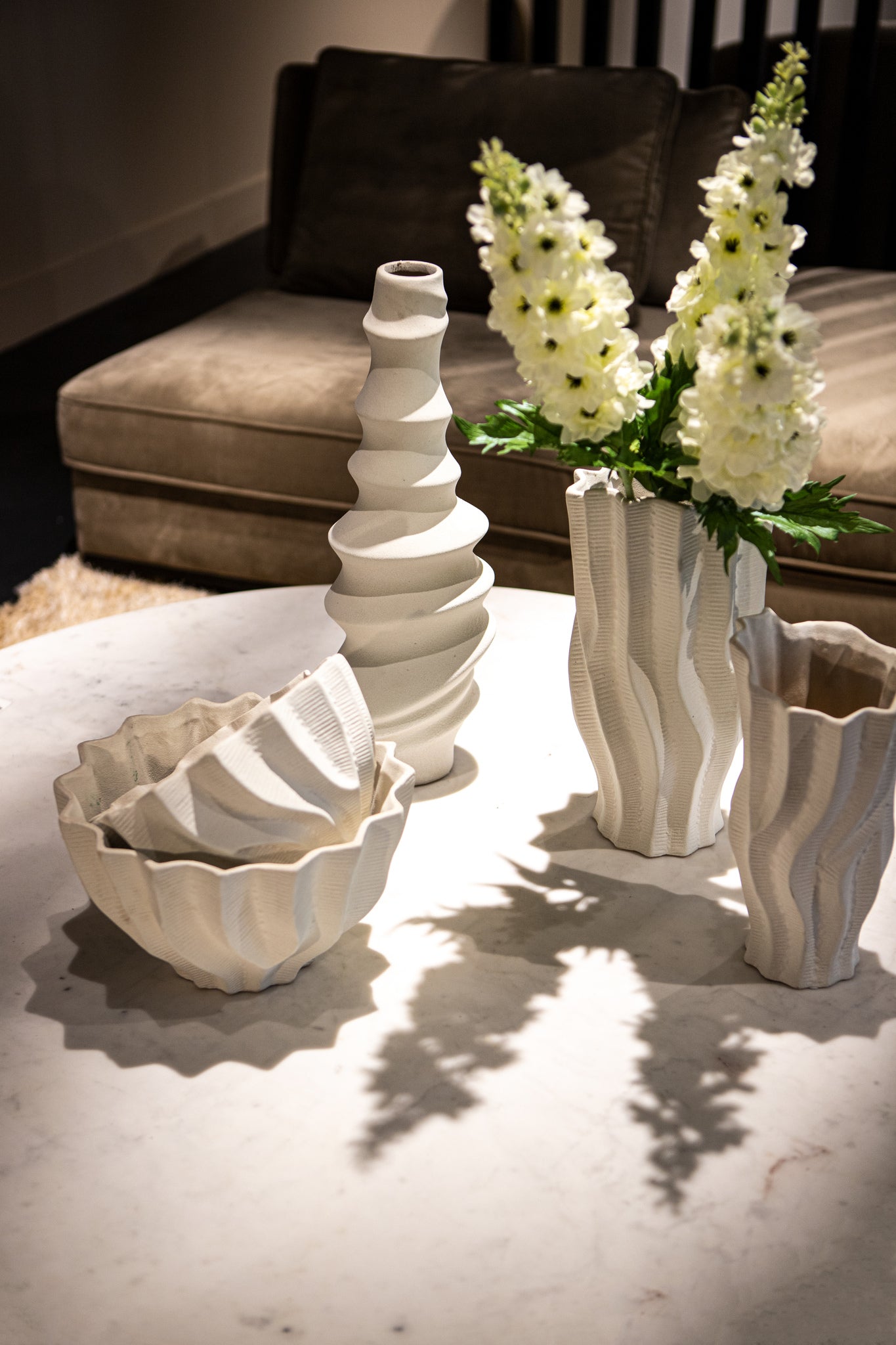 Merc White Ceramic Pot Wavy Ribbed Low L