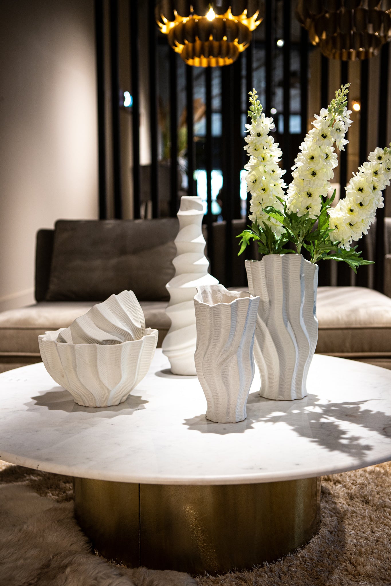 Merc White Ceramic Pot Wavy Ribbed Low S