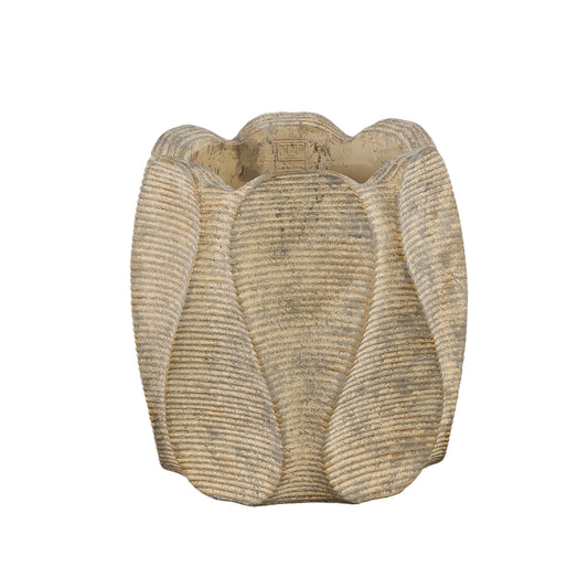 Waxy Brown Cement Pot Wavy Rib Pattern Round XL