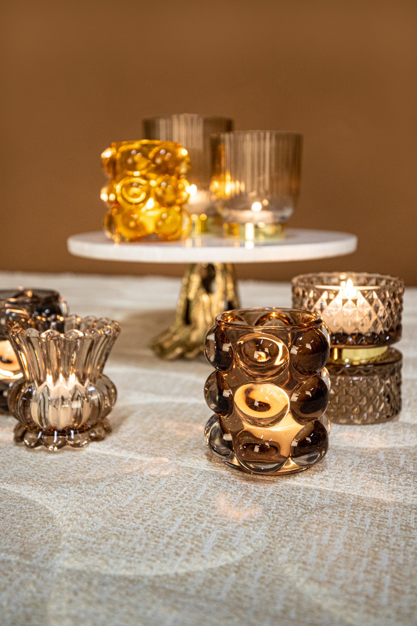 Siera Pink Glass Tealight Ribbed Gold Base