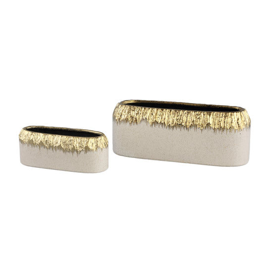 Coira Crème Glazuurde Keramische Pot Ovaal Gouden Top Set Van 6 Stuks 8x19x7 cm