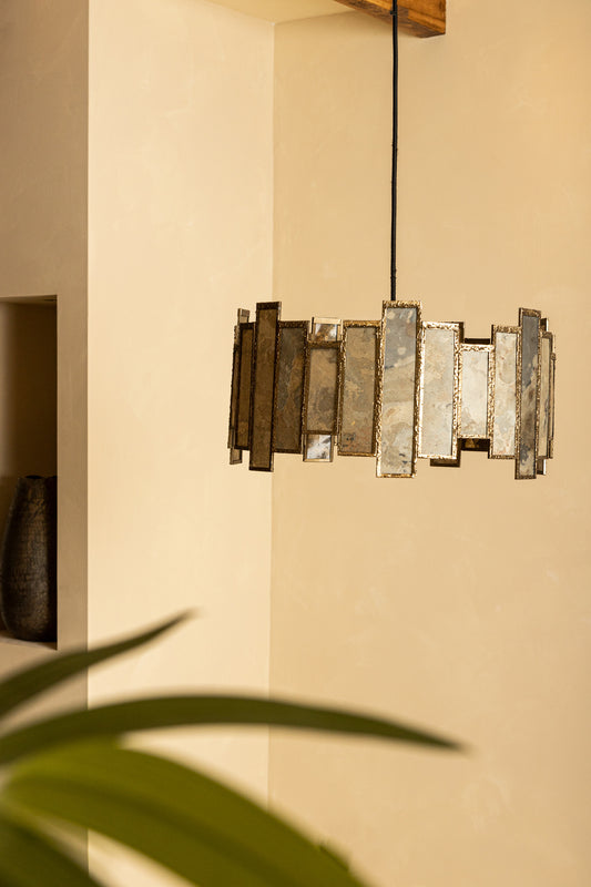 Levan Brass Stone Veneer Hanging Lamp Round